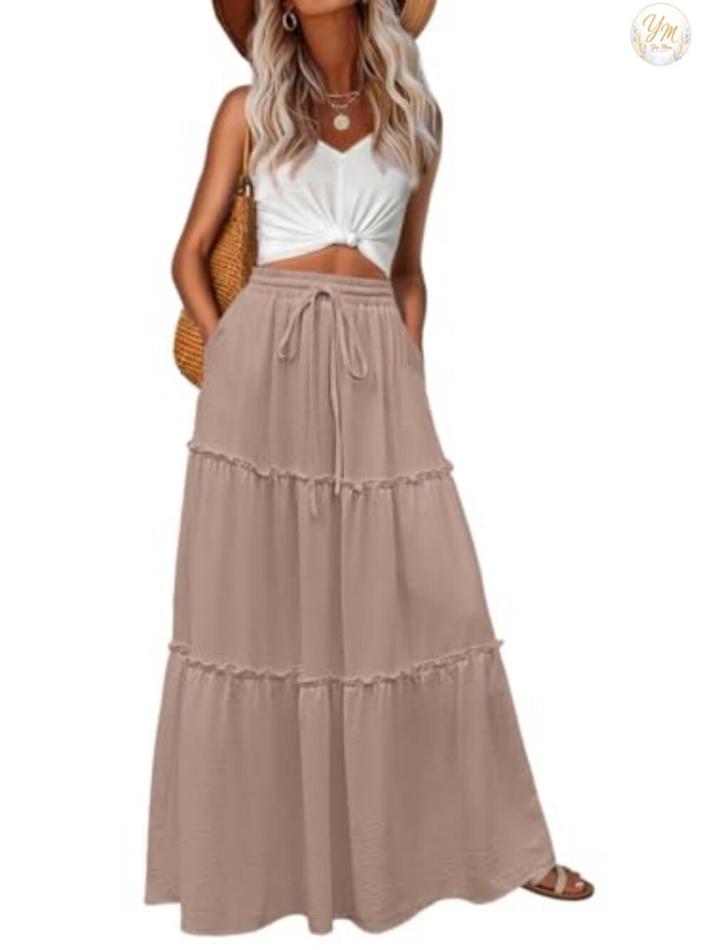Boho Flowy High Waisted Maxi Skirts with Pockets Tiered Ruffled Long Skirts
